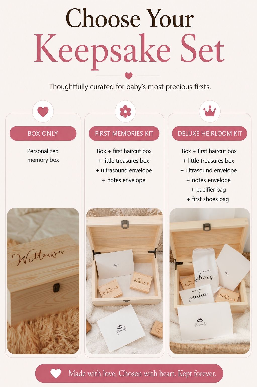 Minimalist engraved baby keepsake box set options with First Memories and Deluxe Heirloom kits