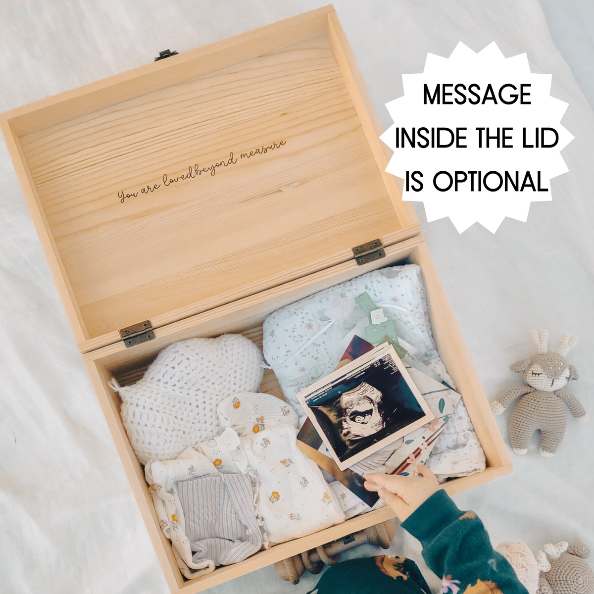 Open extra large wooden baby memory box with keepsake add-ons