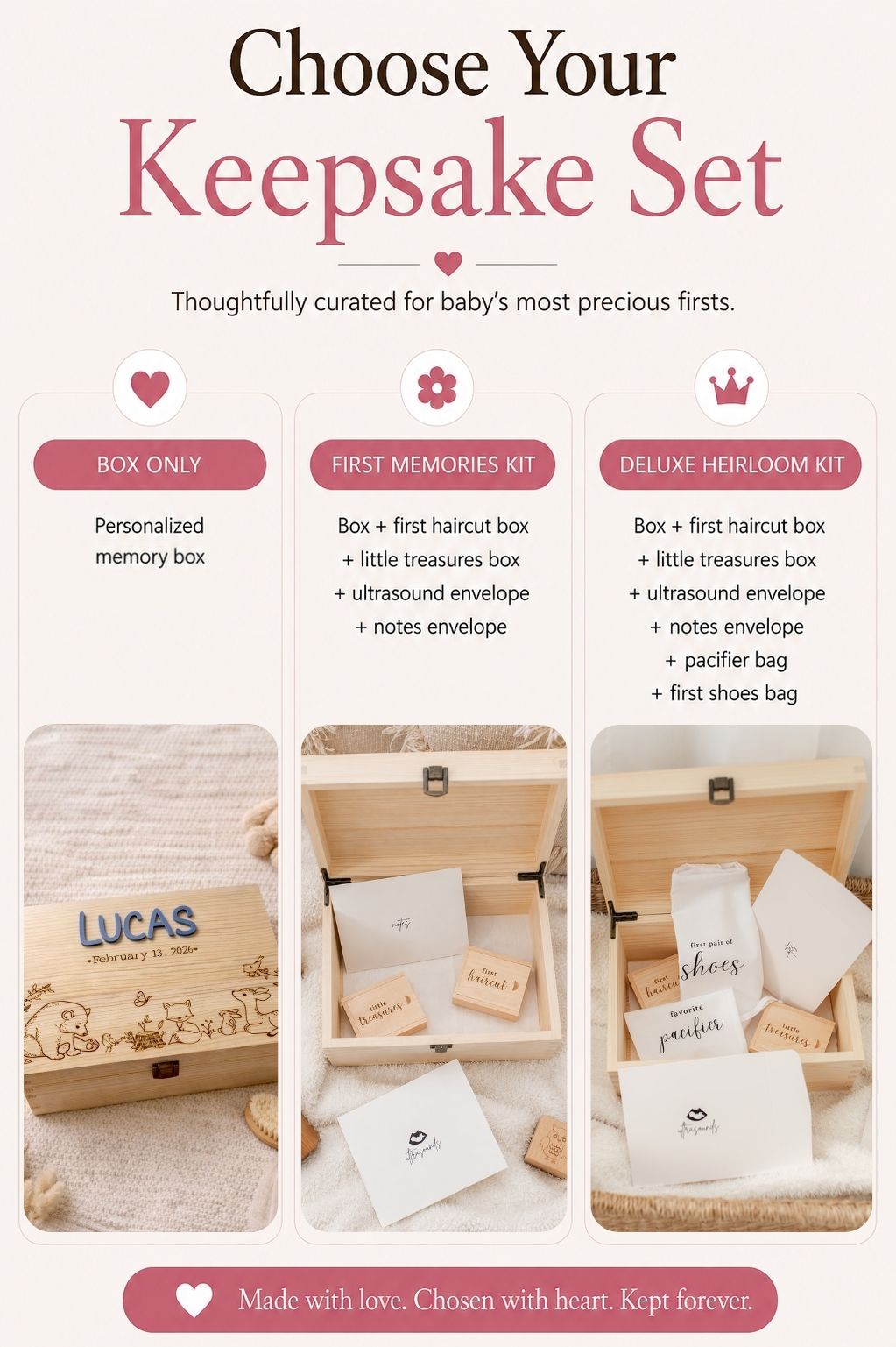 Woodland animals baby keepsake box set options with First Memories and Deluxe Heirloom kits