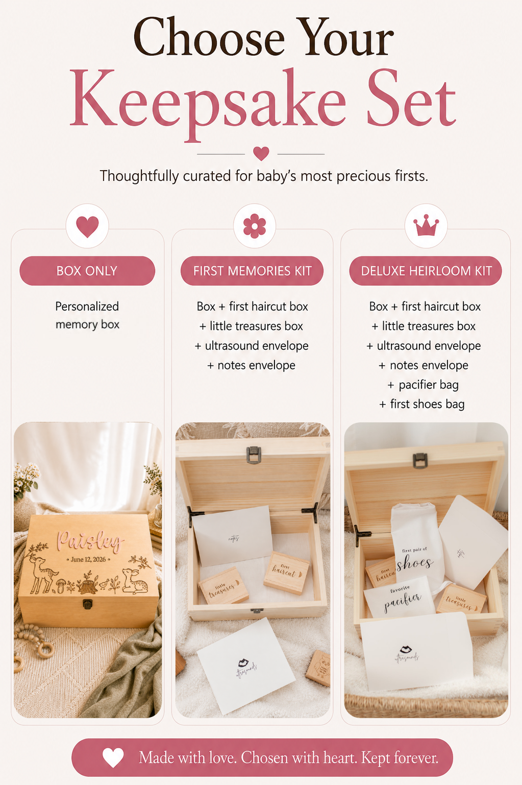 Woodland deer keepsake box set options with First Memories and Deluxe Heirloom kits