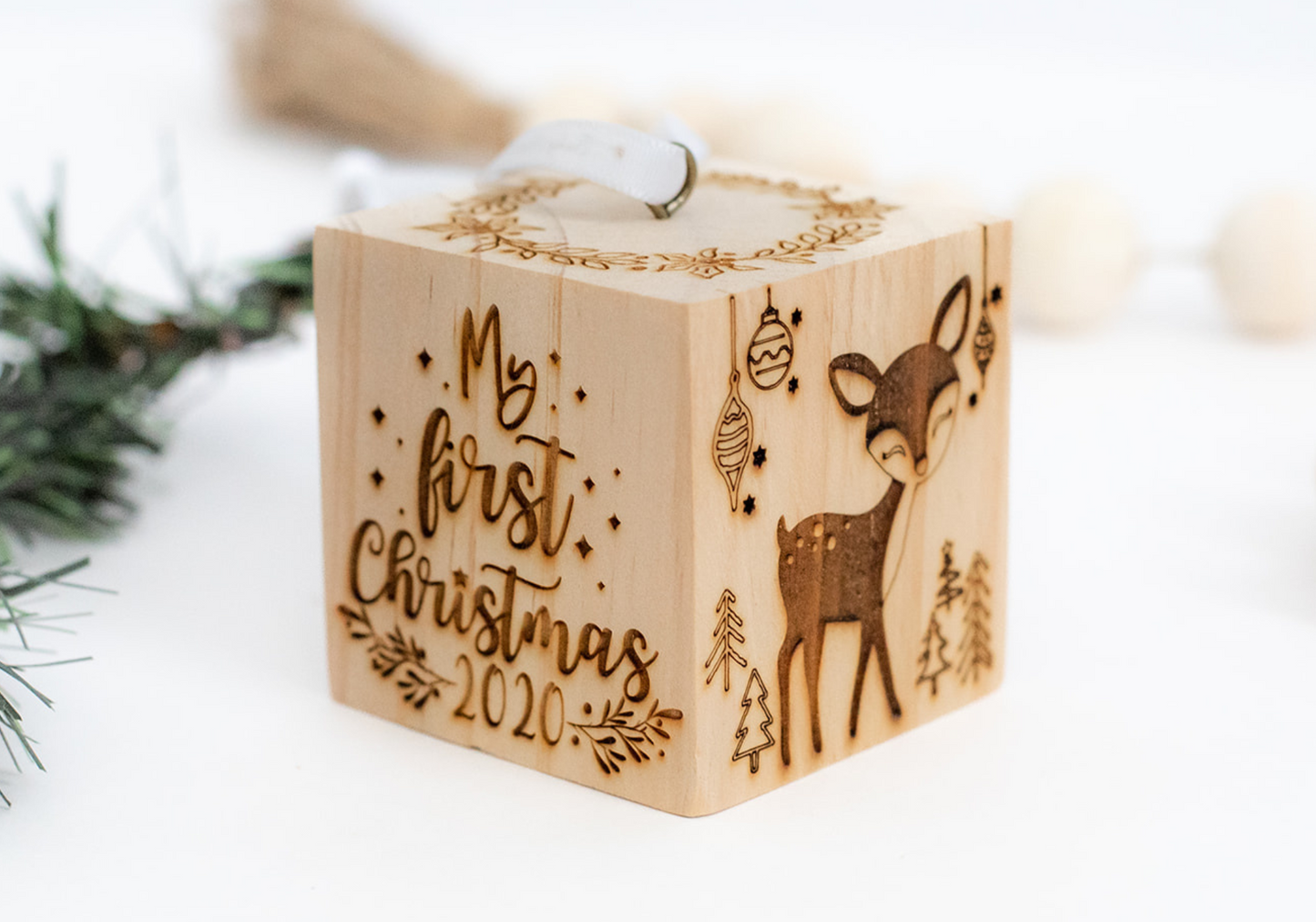 2.5" Woodland Baby's First Christmas Ornament Wooden Block