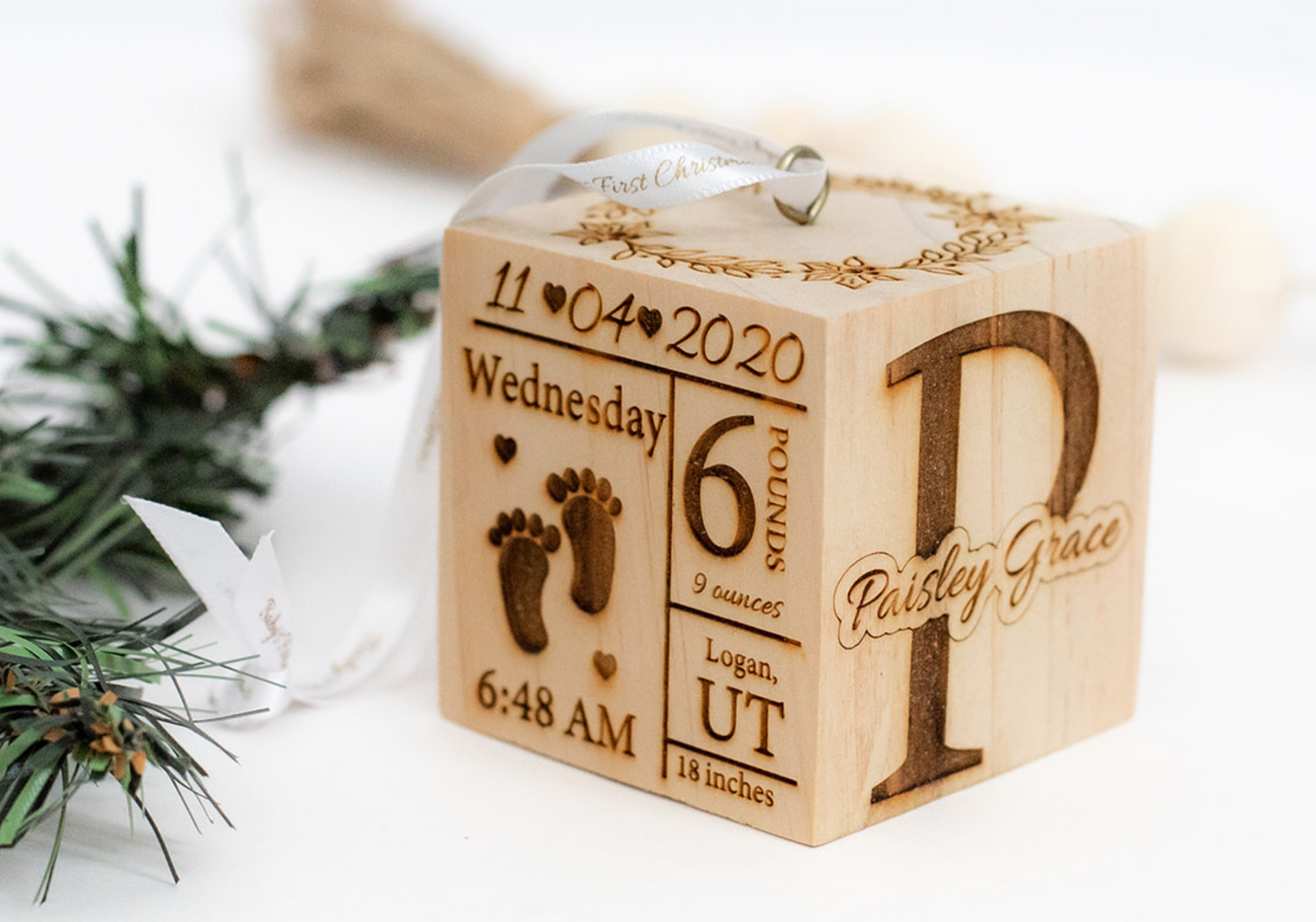 2.5" Woodland Baby's First Christmas Ornament Wooden Block
