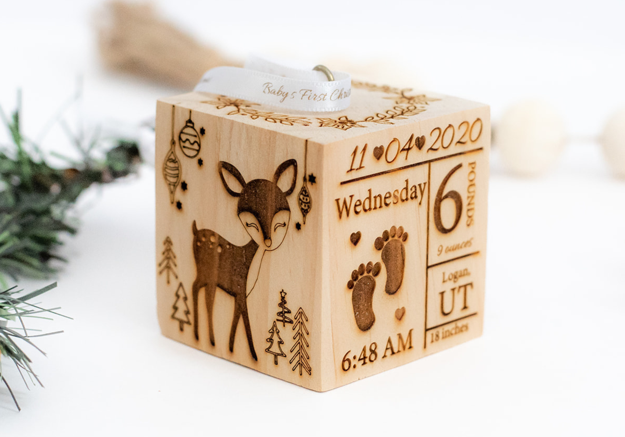 2.5 Woodland Baby's First Christmas Ornament Wooden Block – The