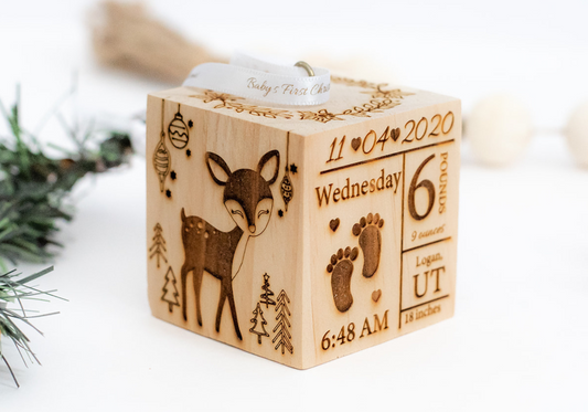 2.5" Woodland Baby's First Christmas Ornament Wooden Block