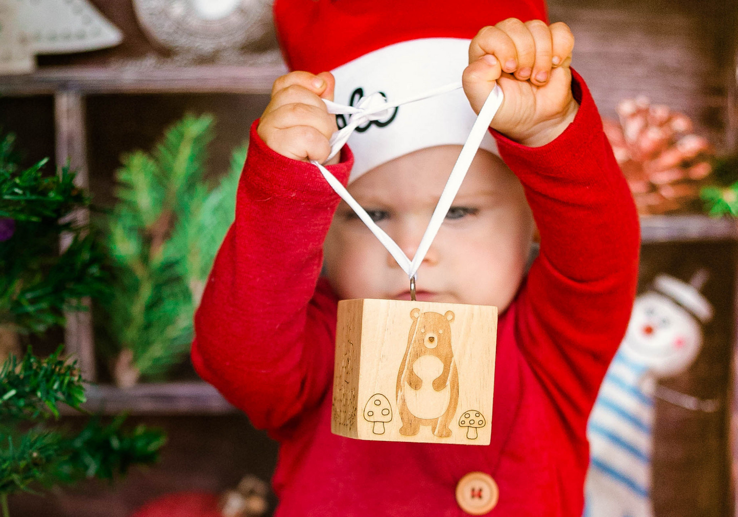 2.5" Woodland Baby's First Christmas Ornament Wooden Block