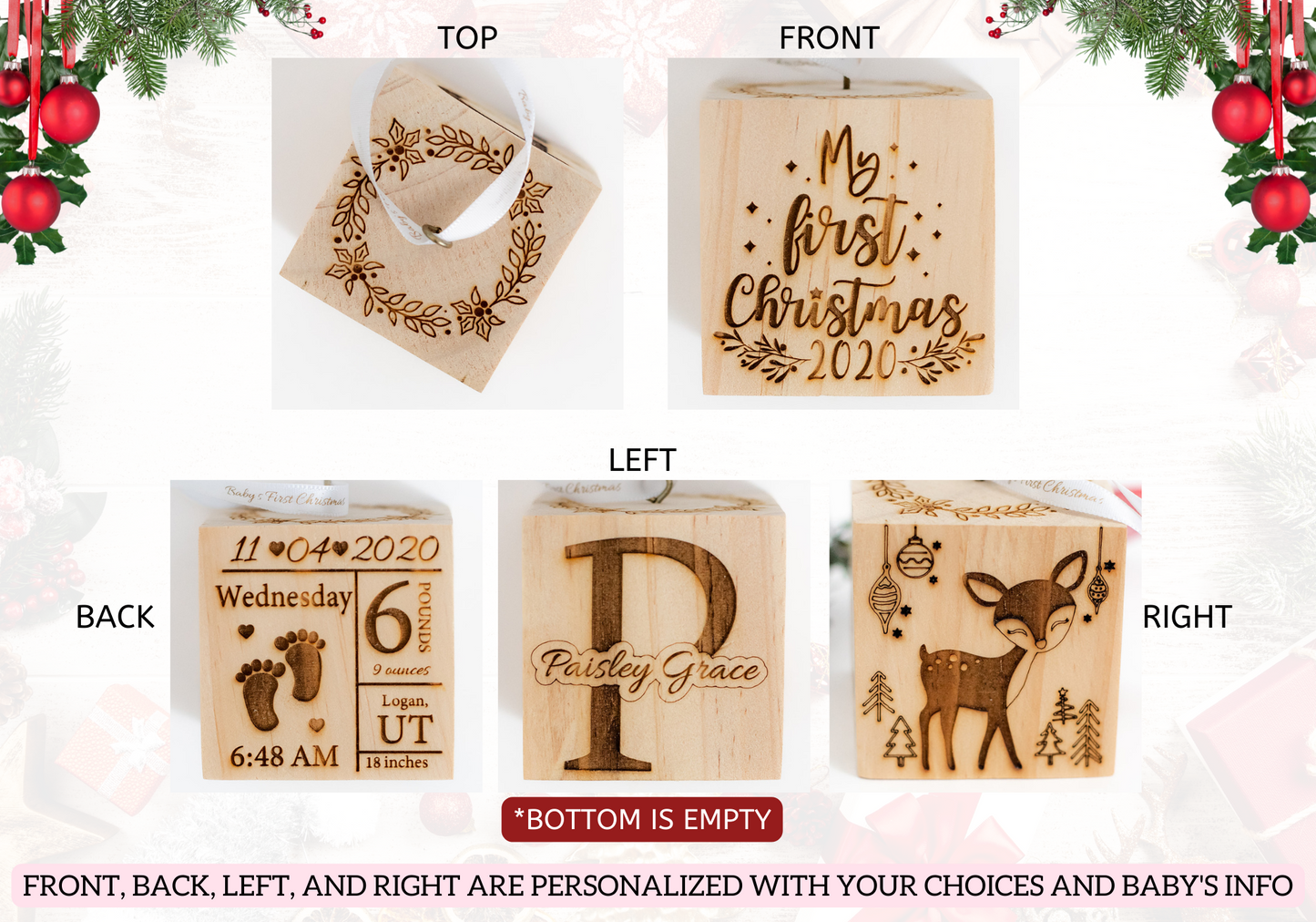 2.5" Woodland Baby's First Christmas Ornament Wooden Block