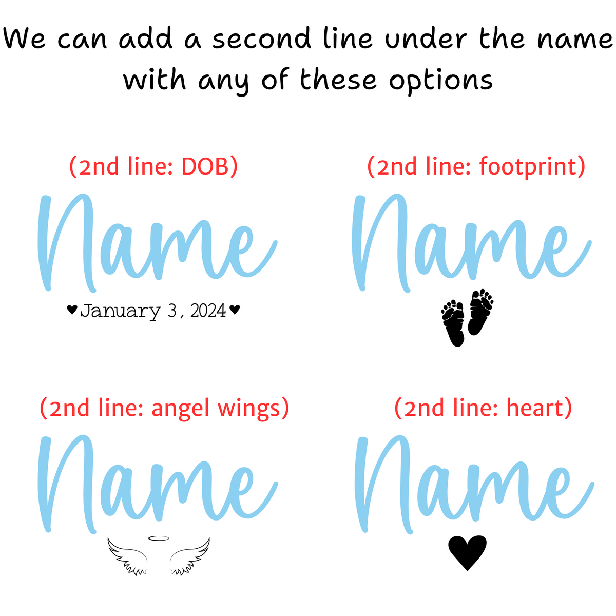 Acrylic name layout options for personalized baby keepsake box