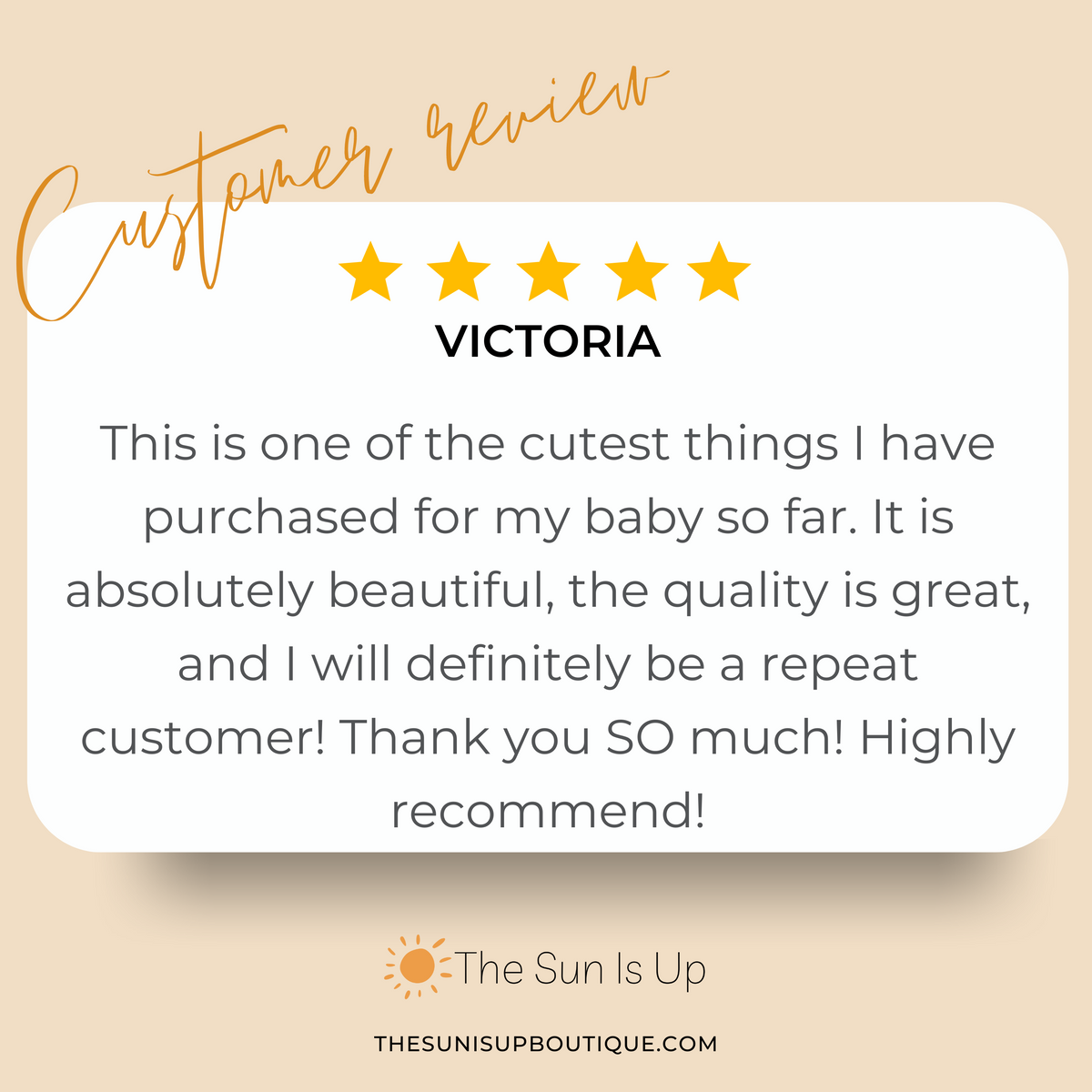 Customer review praising the quality of a personalized baby keepsake box from The Sun Is Up Boutique