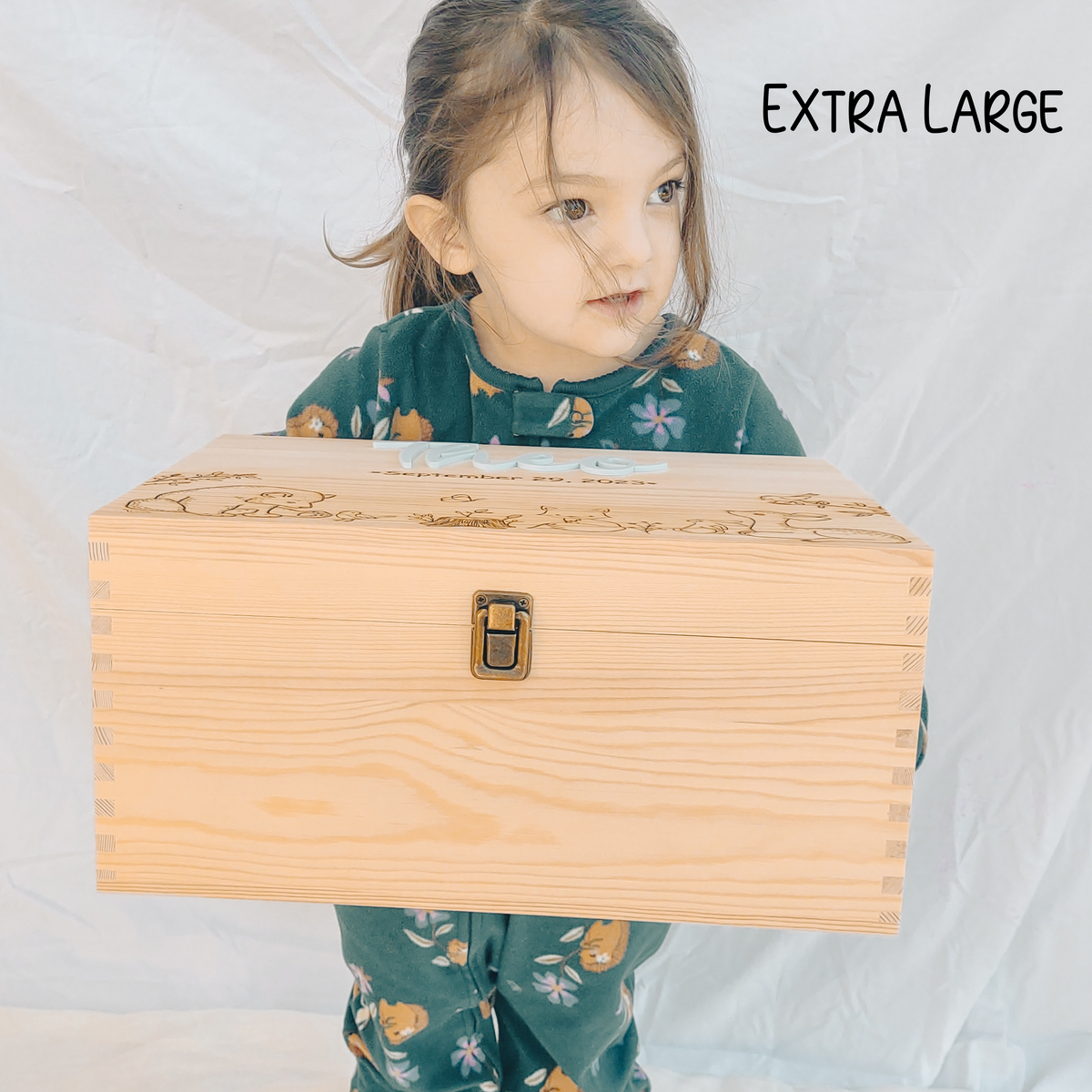 Extra large personalized baby keepsake box in natural wood