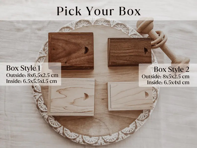 Light and dark wood options for personalized small baby keepsake boxes