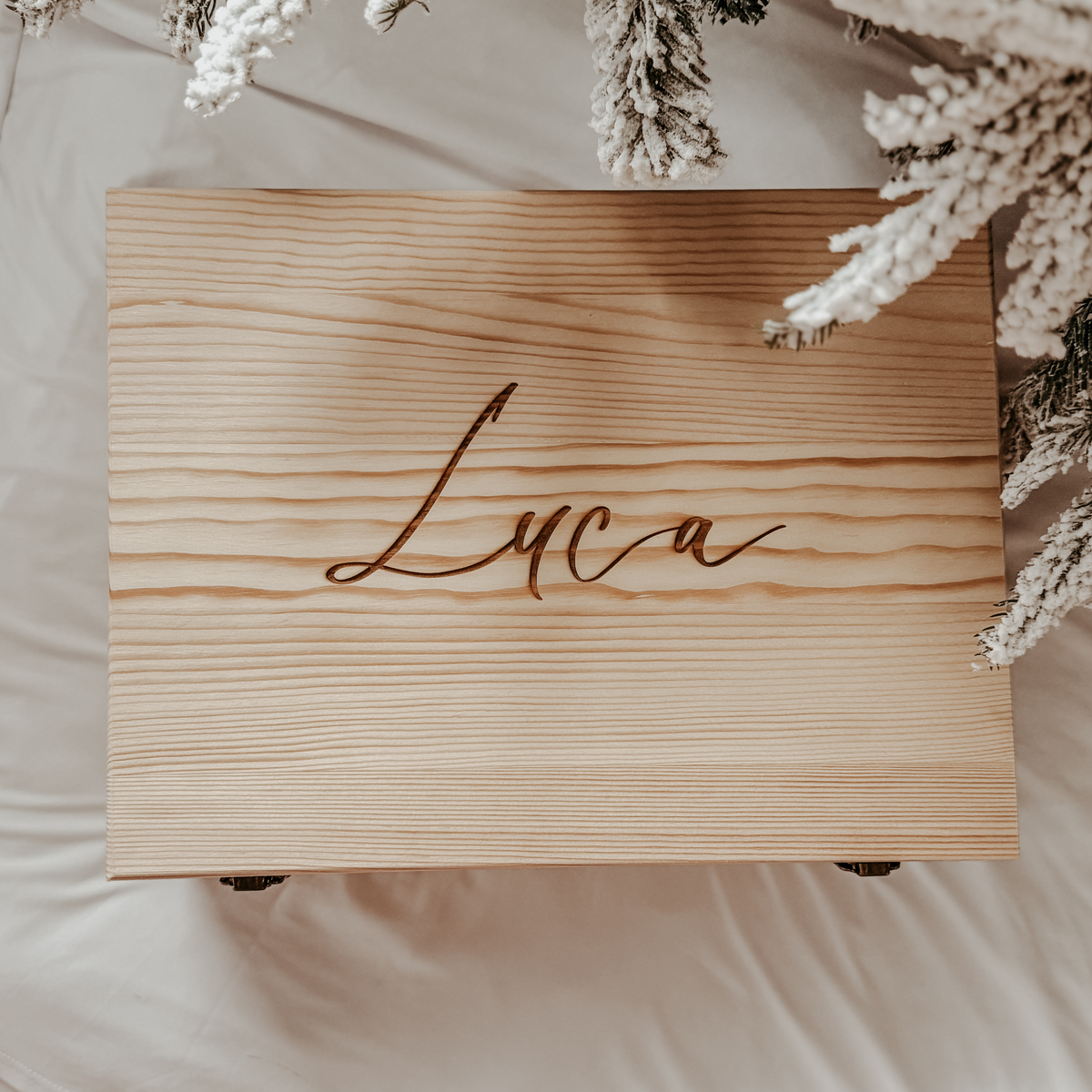 Minimalist wooden baby keepsake box with engraved name