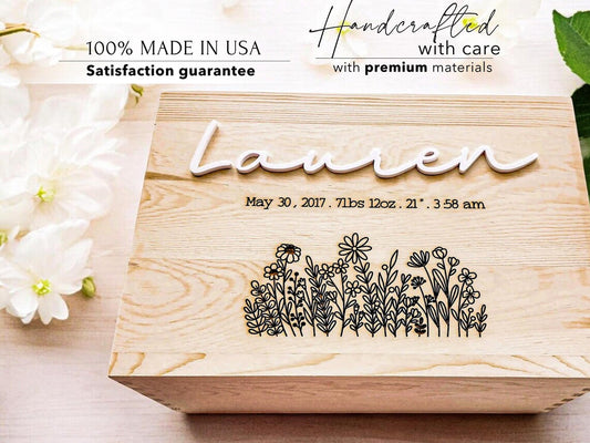 Personalized Baby in Bloom keepsake box with wildflower design