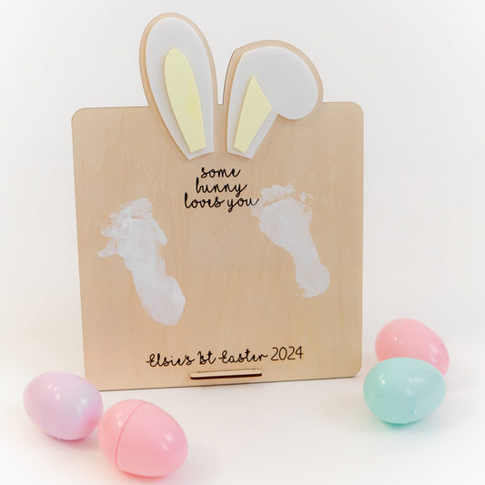 Personalized Easter Bunny footprint sign with baby footprints