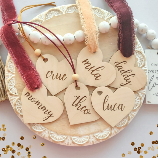 Personalized Valentine wooden heart basket tags with engraved names