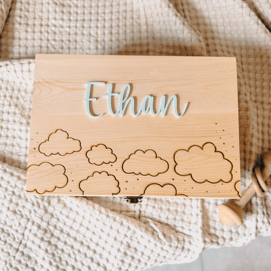 Personalized baby keepsake box with acrylic name and engraved clouds
