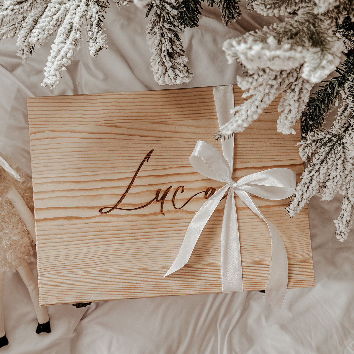 Personalized baby keepsake box with ribbon gift packaging