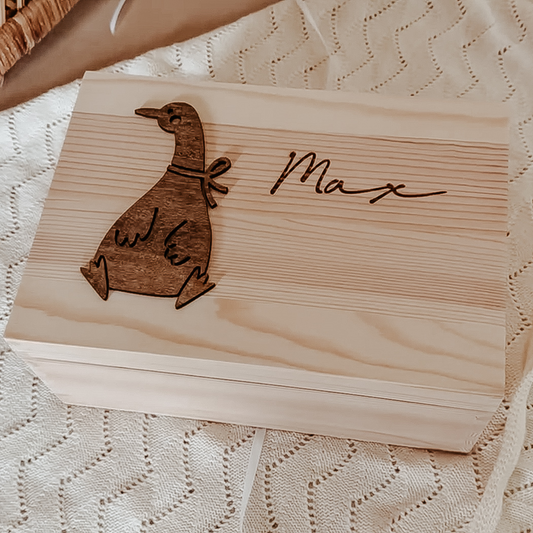 Personalized baby keepsake box with wooden goose design