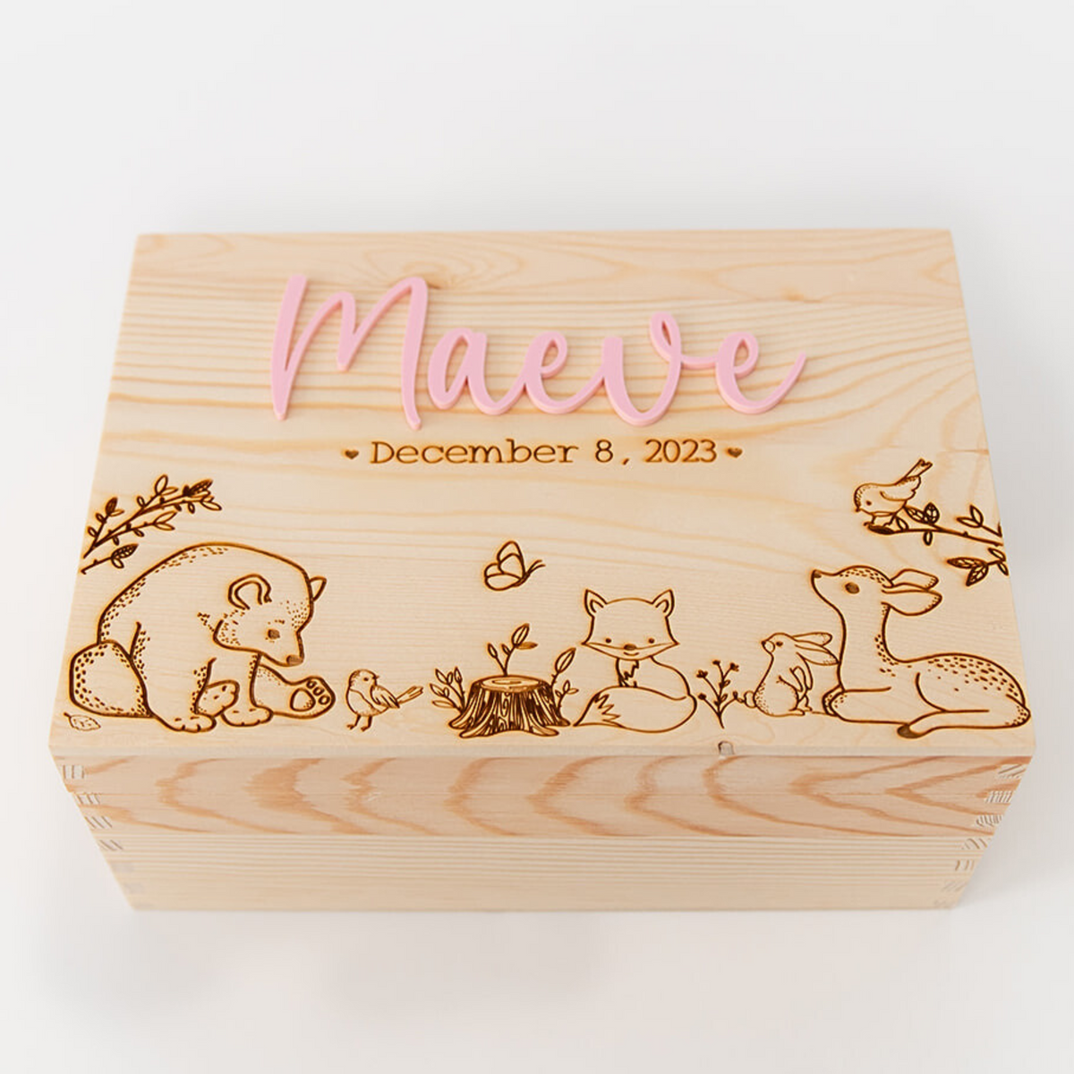 Personalized baby keepsake box with woodland animal engraving