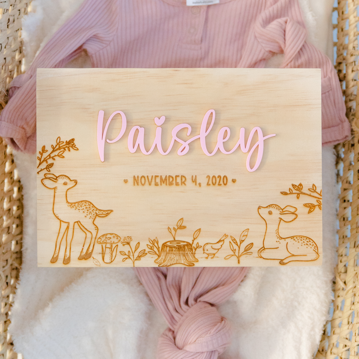 Personalized deer baby memory box with name and birth date