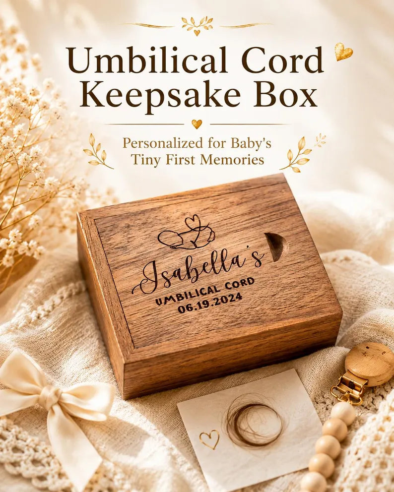Personalized umbilical cord keepsake box with engraved baby name and birth date