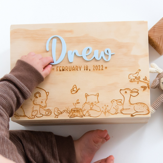 Personalized woodland animals baby keepsake box with acrylic name