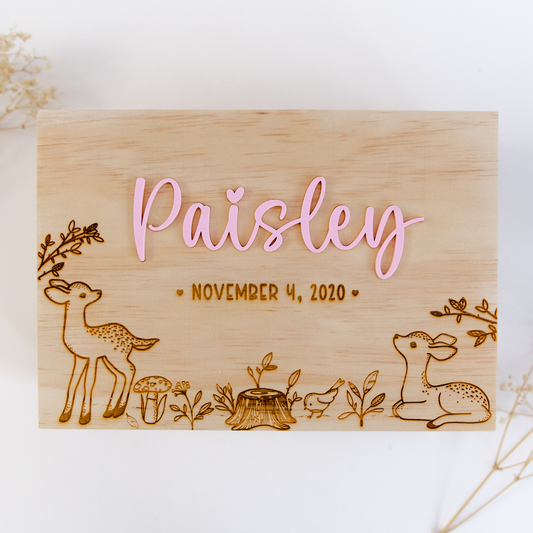 Personalized woodland deer baby keepsake box with acrylic name