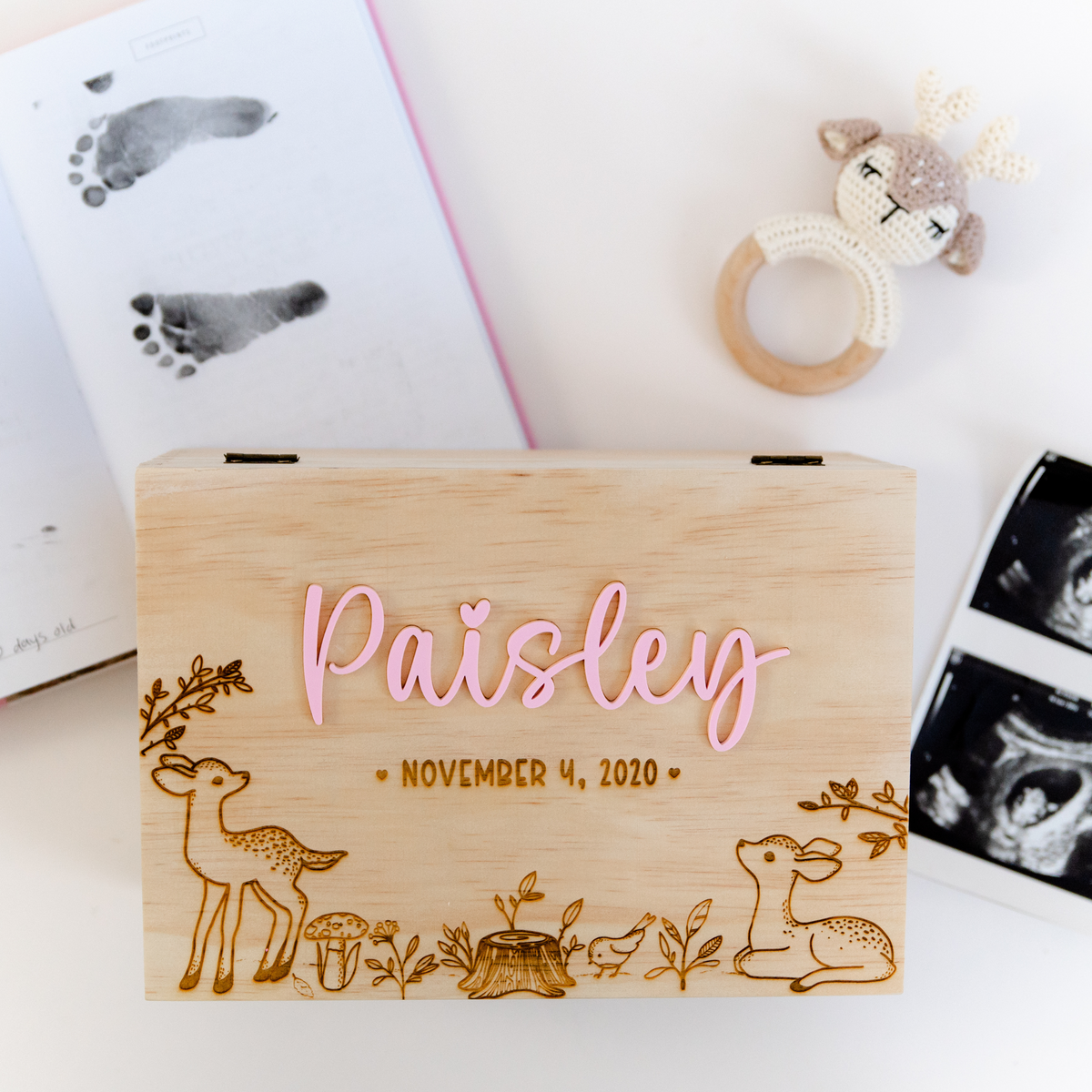 Personalized woodland deer baby memory box for nursery