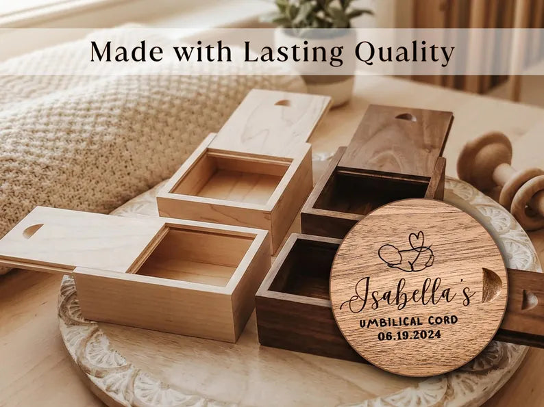 Small wooden baby keepsake box with engraved round birth memory keepsake