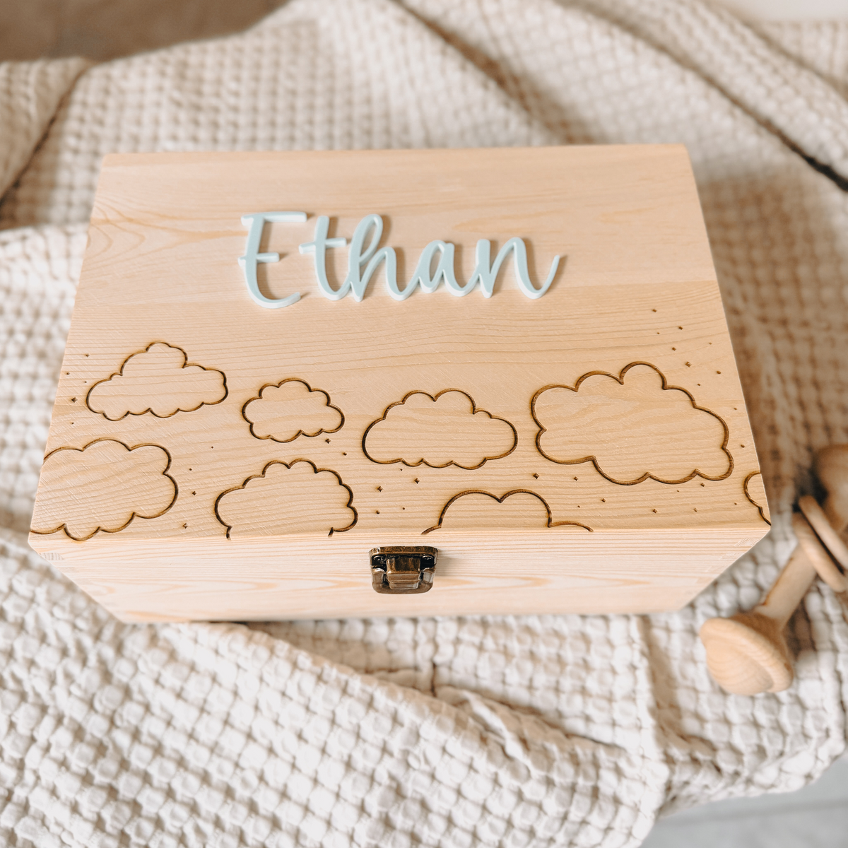 Wooden baby keepsake box with acrylic name and cloud engraving