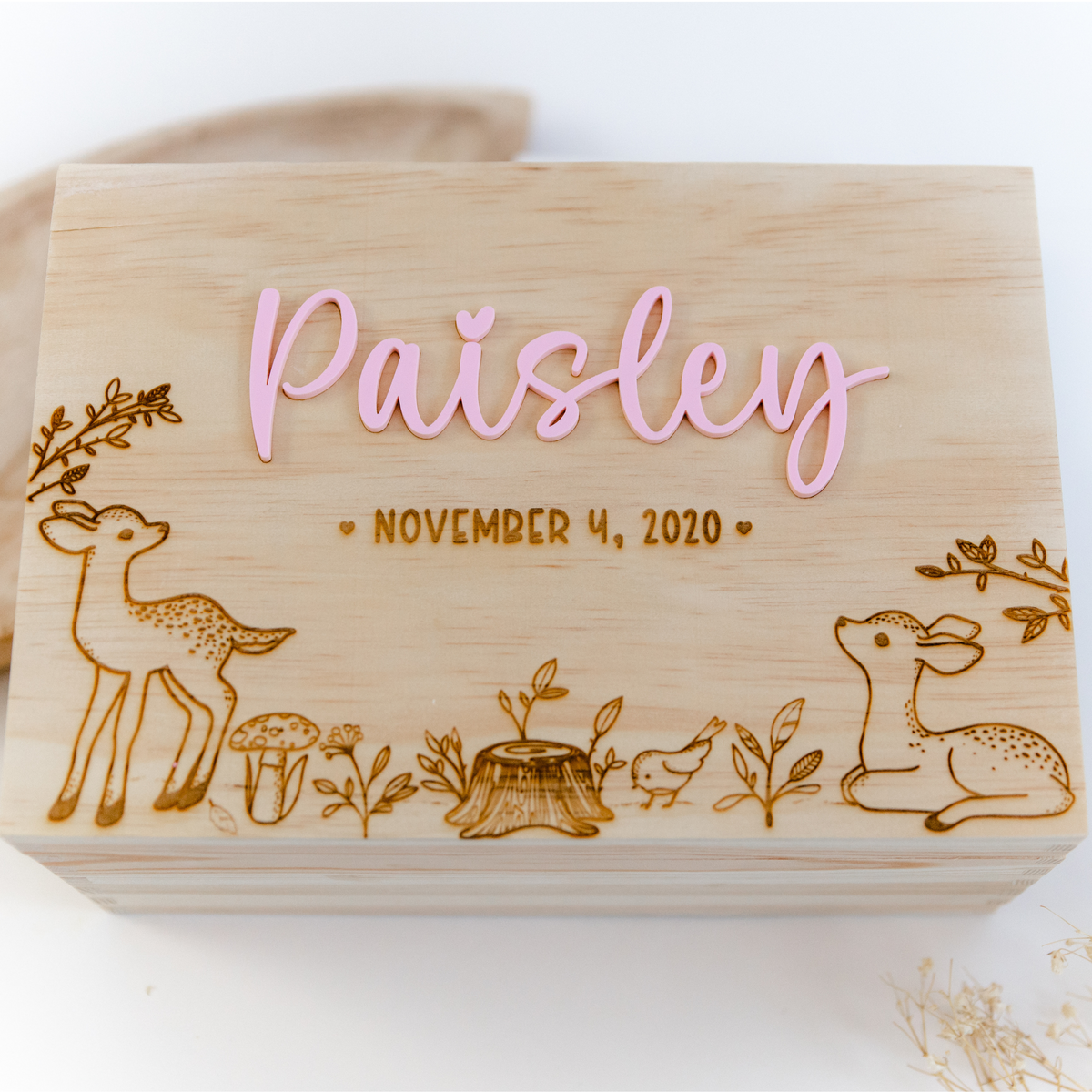 Woodland deer keepsake box with personalized name and birth details