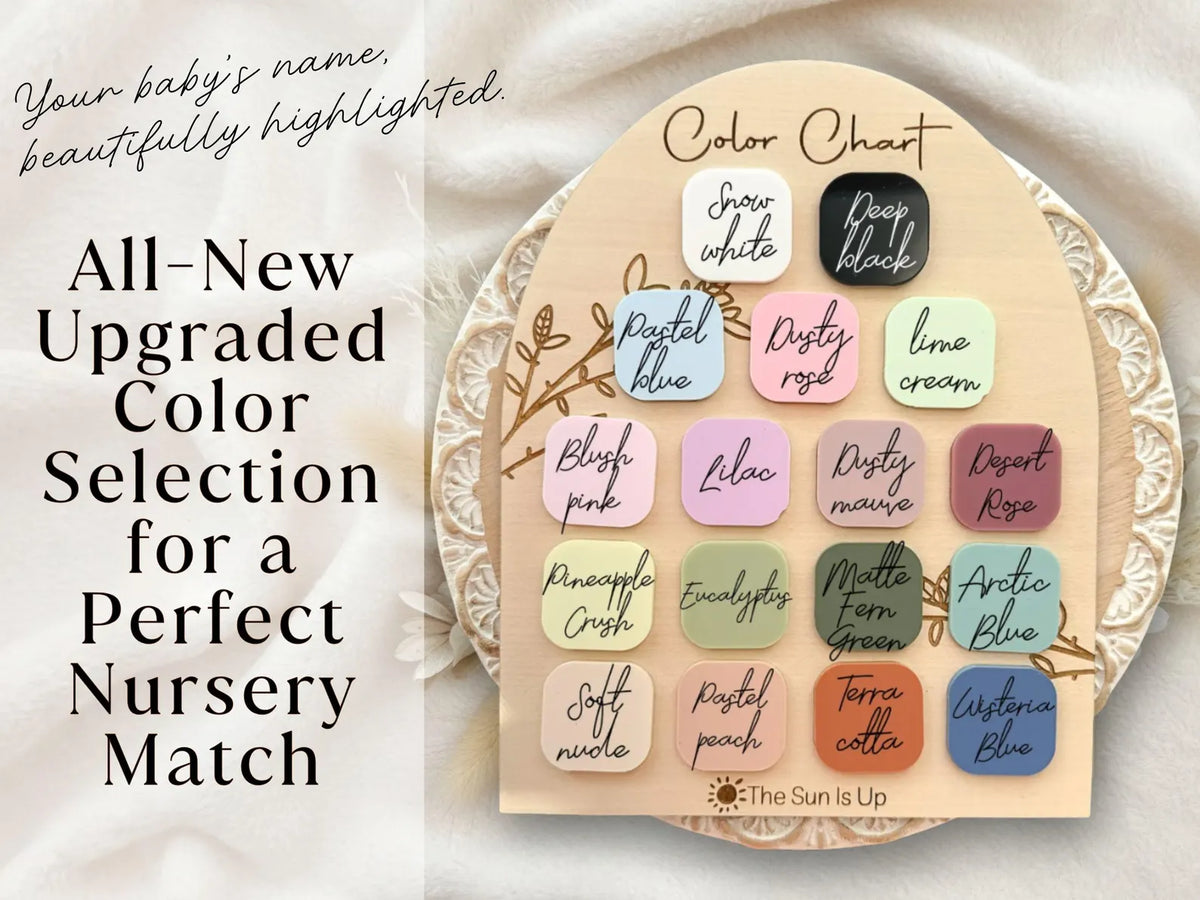 Selection of personalized baby keepsake box name colors for matching different nursery themes.