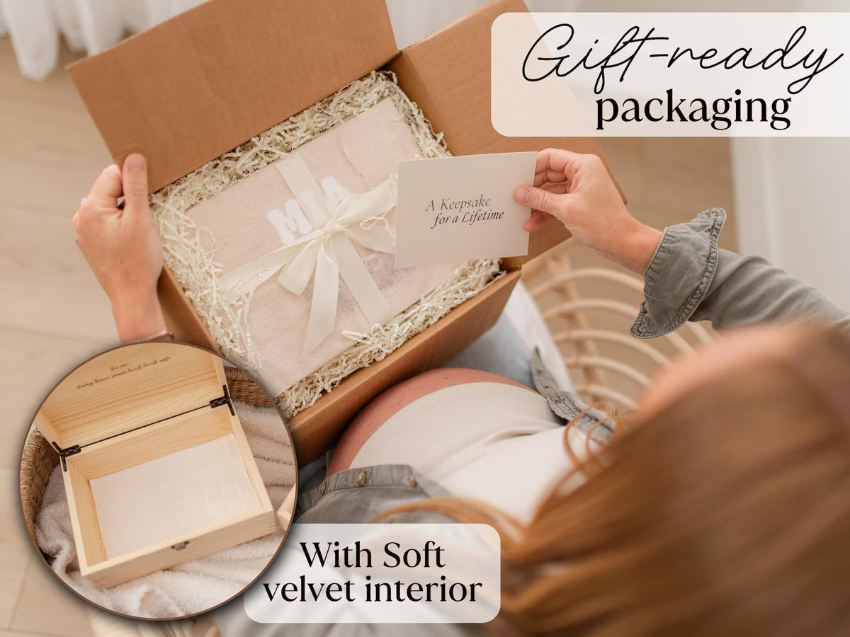 Personalized baby keepsake box with gift-ready packaging and velvet interior