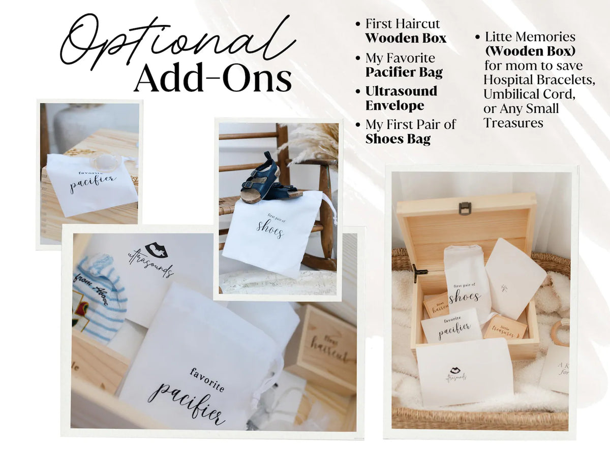 Optional memory accessories for personalized baby keepsake box storage