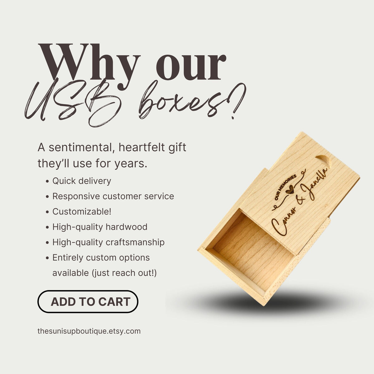 Wooden USB memory box product graphic highlighting personalization, quality craftsmanship, and keepsake storage benefits.