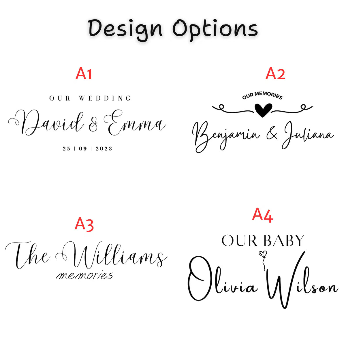Four custom engraving designs for personalized wooden USB memory boxes featuring wedding names, family names, and baby names.