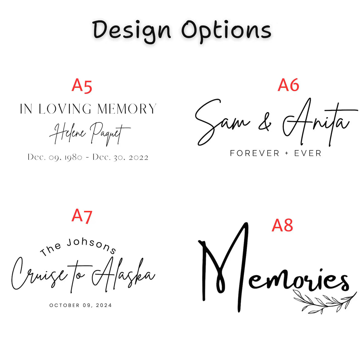 Four additional engraving designs for wooden USB boxes featuring memorial messages, names, and personalized lettering.