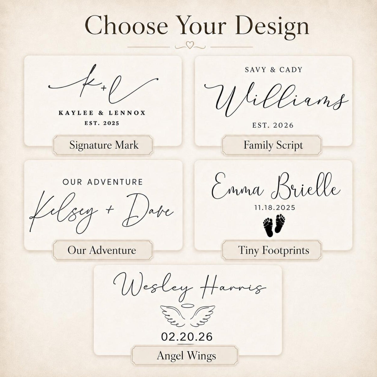 Additional custom engraving designs for personalized pet keepsake boxes, including signature and tiny footprints styles