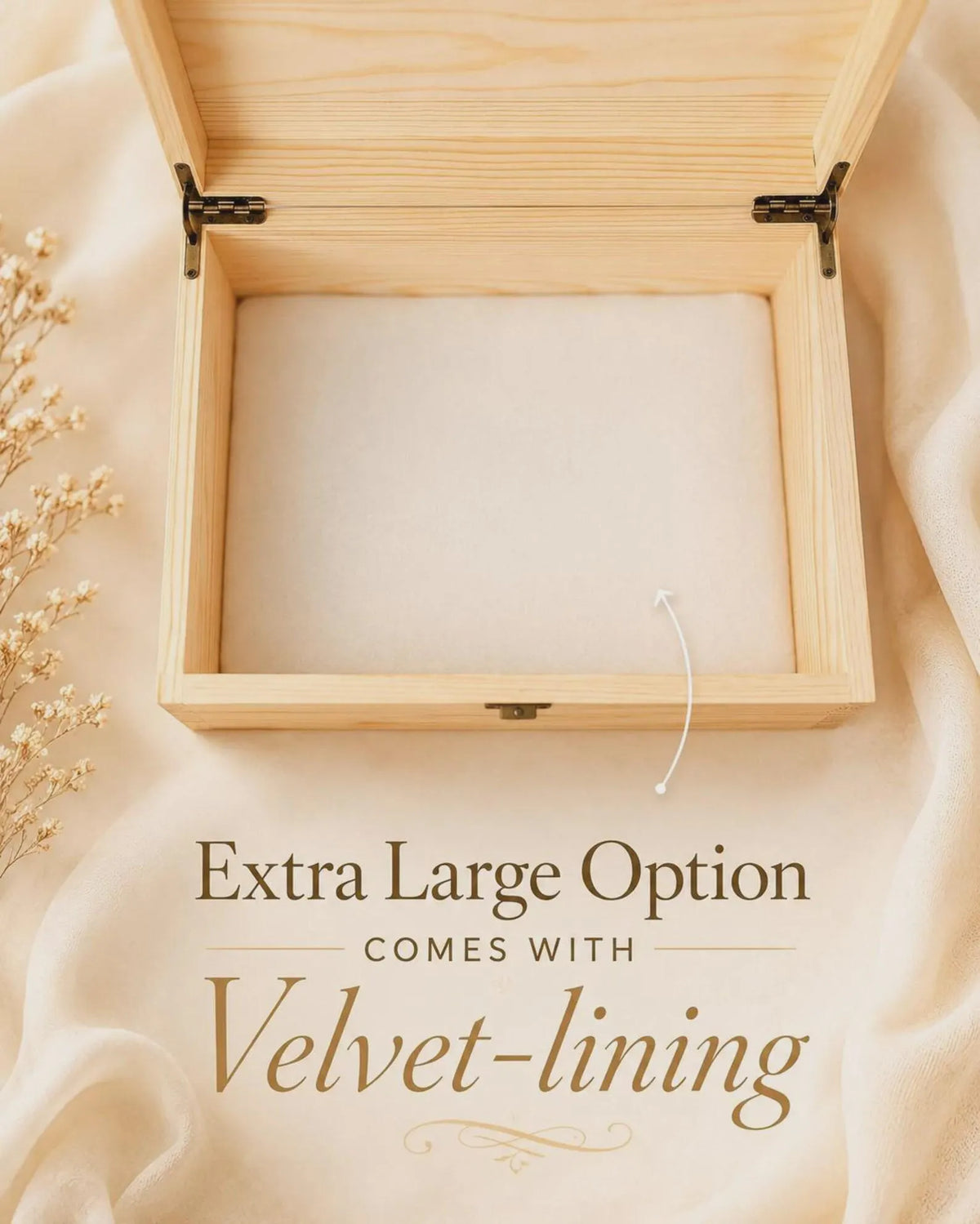 Open extra large wooden baby keepsake box showing soft velvet lining and spacious storage interior.