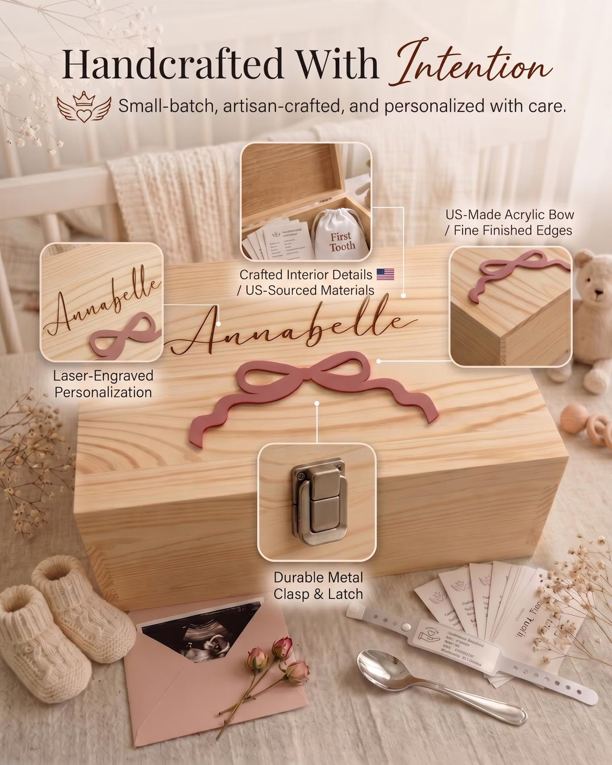 Handcrafted wooden baby keepsake box with custom name, acrylic bow, and personalization options