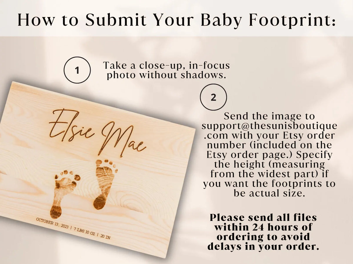 Instructions for submitting baby footprint photos for a personalized wooden keepsake box