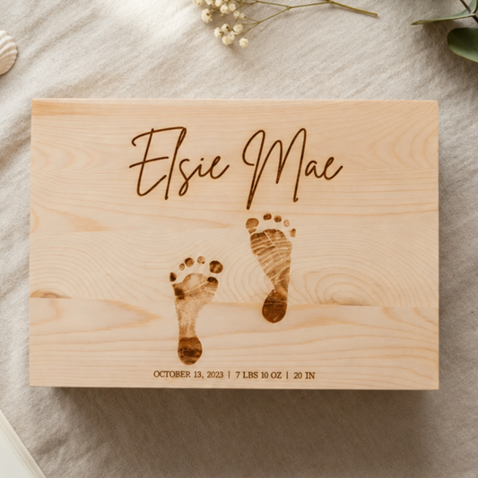 Personalized wooden baby footprint keepsake box with engraved real footprints and custom name