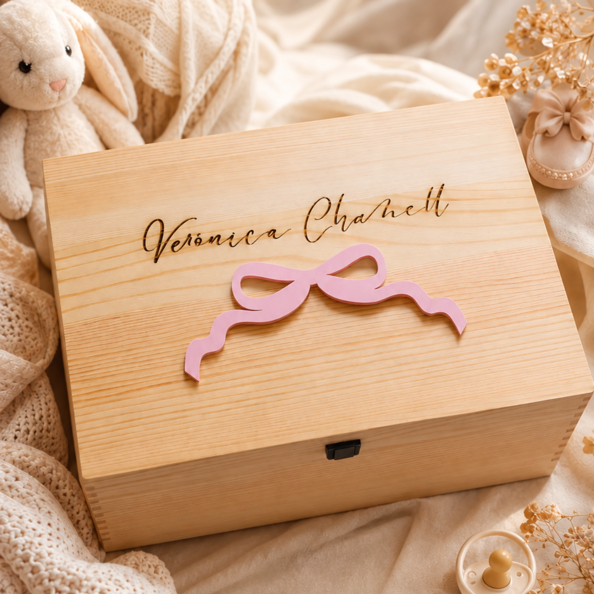 Personalized wooden baby keepsake box with engraved name and pink acrylic bow