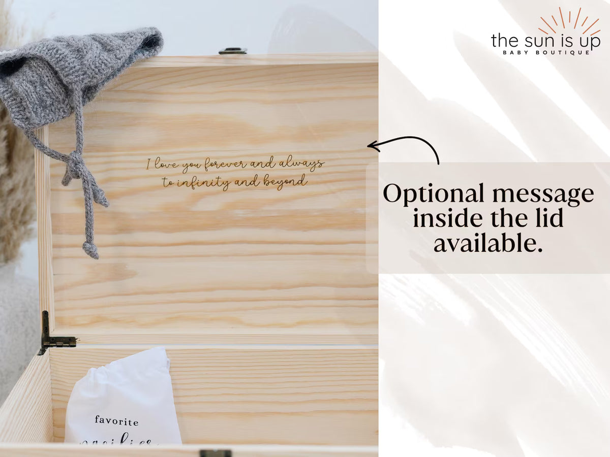 Personalized wooden baby keepsake box with optional message inside the lid