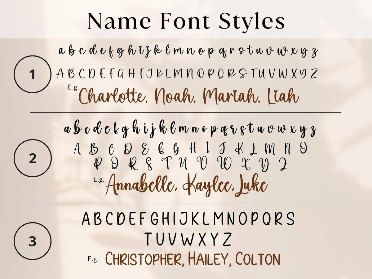 Three personalized baby keepsake box font styles available for customizing baby's name.