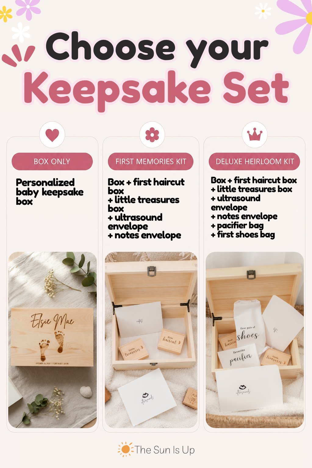 Baby keepsake set options with a personalized footprint memory box and accessories