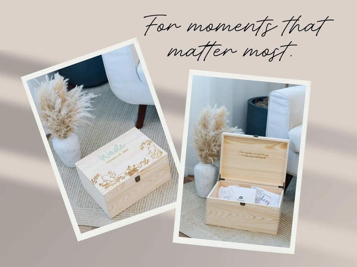 Personalized wooden baby keepsake box displayed with photos and treasured newborn memory accessories.
