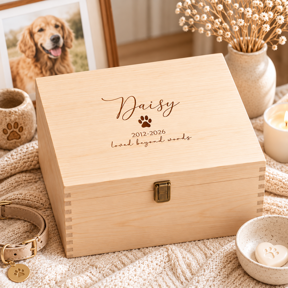 Personalized wooden pet keepsake box with engraved dog name, paw print, dates, and memorial message