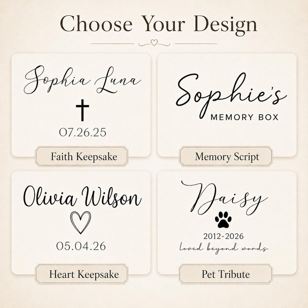 Personalized pet memorial engraving designs featuring pet names, dates, paw prints, and memorial messages