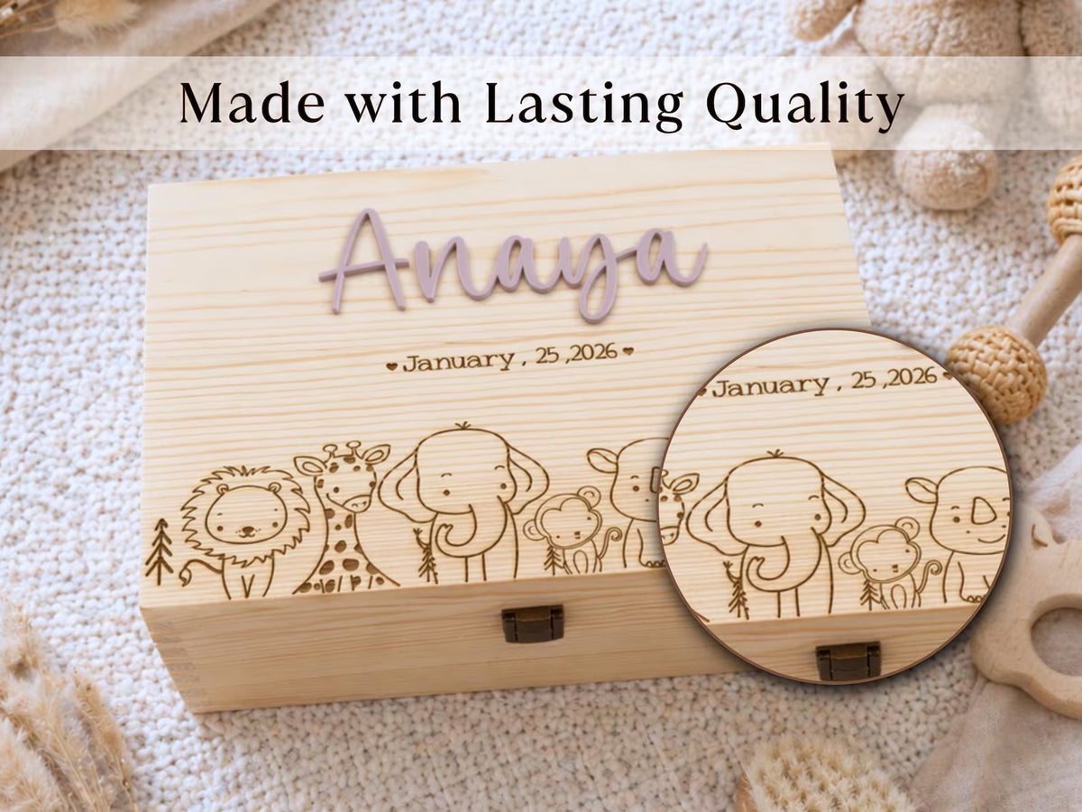 Personalized safari baby keepsake box with engraved jungle animals and custom acrylic name