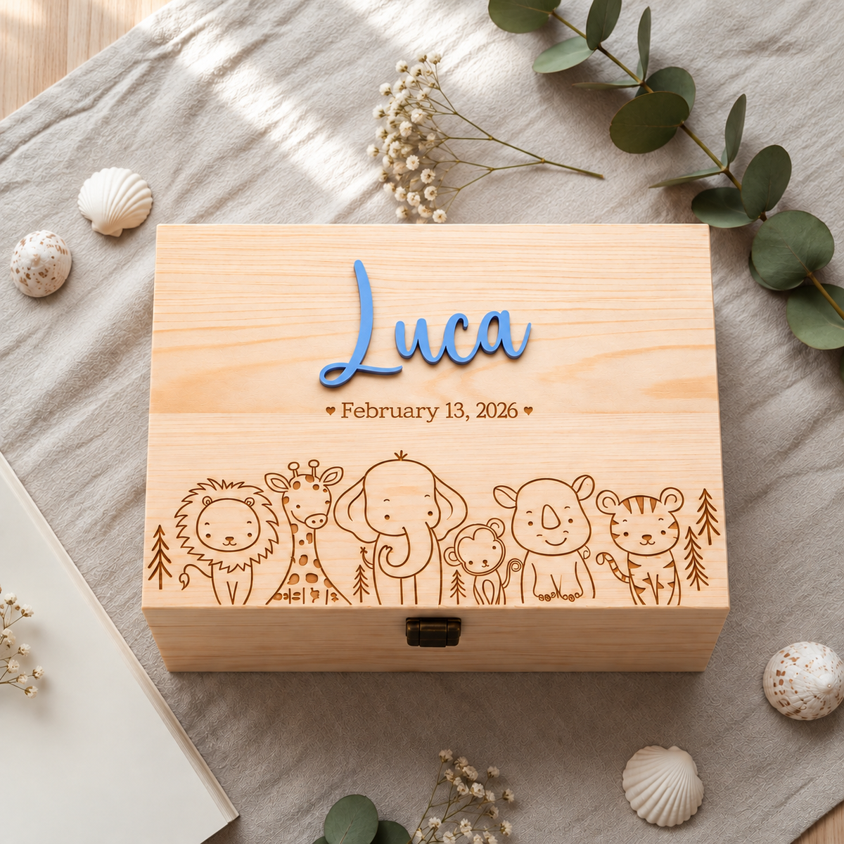 Wooden baby memory box personalized with baby name and engraved safari animal design